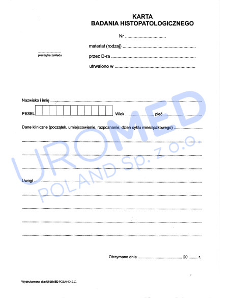 Karta badania histopatologicznego do diagnostyki materiału UROMED -...