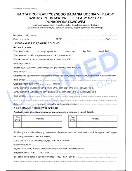 Karta profilaktycznego badania ucznia klasy VII i I ponadpodstawowe...
