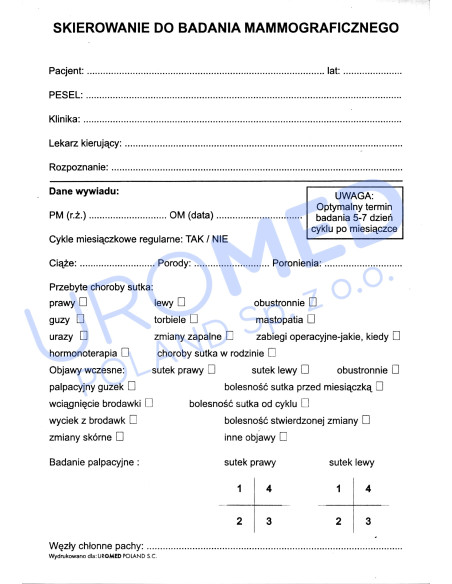 Skierowanie na badanie mammograficzne formularz karta lekarska UROM...