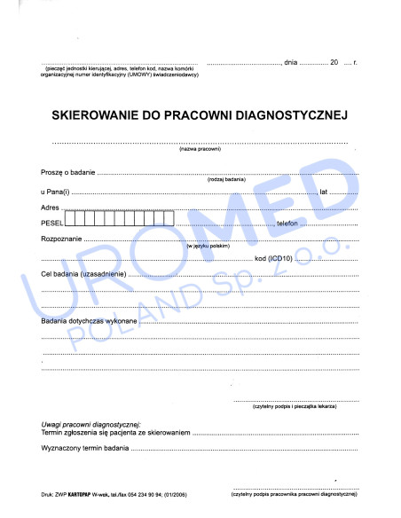 Skierowanie do pracowni diagnostycznej karta formularz lekarski URO...