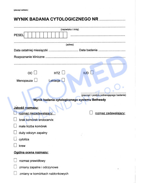 Wynik badania cytologicznego formularz karta wg systemu Bethesda - ...