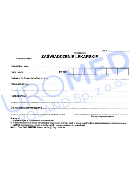 Zaświadczenie lekarskie oficjalny formularz karta medyczna Druk MZ ...