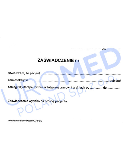 Zaświadczenie o odbyciu zabiegów fizjoterapeutycznych karta druk po...